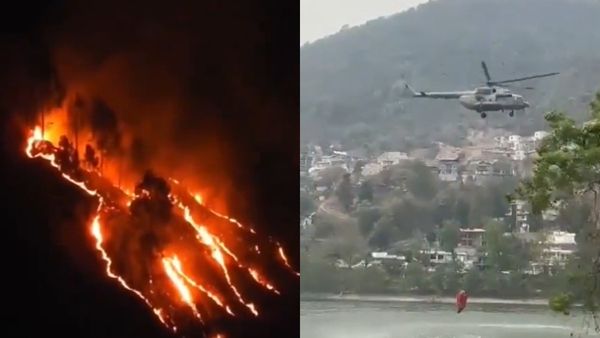 Nainital Forest Fire: IAF Helicopter Draws Water from Bhimtal Lake to Fight Wildfire