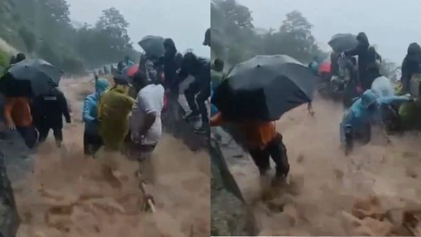 Cloudburst-Like Rain At Raigad Fort, Video Shows Tourists Struggle Amid Waterfall-Like Conditions