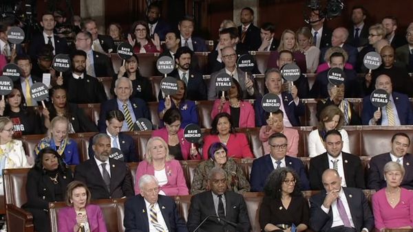 Democrats Protest With 'Musk Steals, False' Placards During Trump's First Congress Address Of Second Term