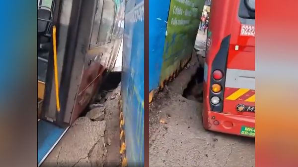 Mumbai: Road Caves In Near Thakurdwar Due To Heavy Rain, BEST Bus Gets Stuck; Watch Viral Video