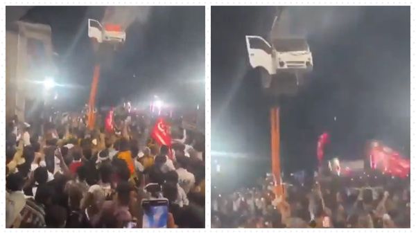Van Hoisted 40 Feet and Blown Up With Firecrackers During Muharram Procession in MP’s Ujjain - Watch