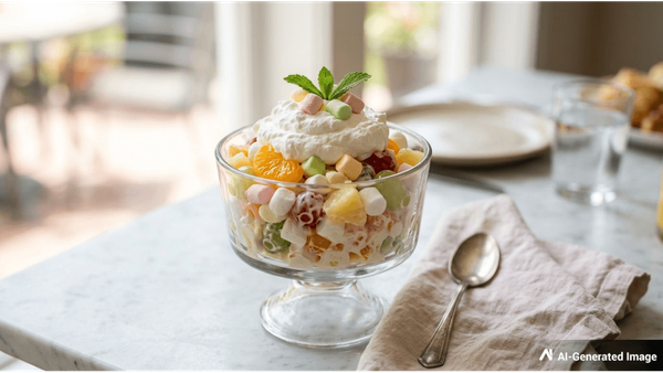 Ambrosia Fruit Salad: Classic USA Dessert with Creamy Marshmallow and Fruit Mix