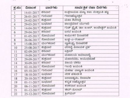 2017ನೇ ವರ್ಷದ ಸಾರ್ವತ್ರಿಕ ರಜಾದಿನಗಳ ಪಟ್ಟಿ ಪ್ರಕಟ