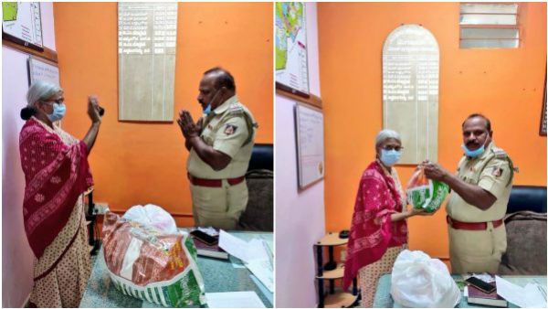 ಹಸಿದ ವೃದ್ದೆಗೆ ದಿನಸಿ ನೀಡಿದ ಗಿರಿ ನಗರ ಪೊಲೀಸರು