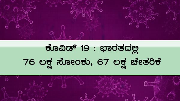 ಕೊವಿಡ್ 19:  ಭಾರತದಲ್ಲಿ 76 ಲಕ್ಷ ಕೇಸ್, 67 ಲಕ್ಷ ಚೇತರಿಕೆ 