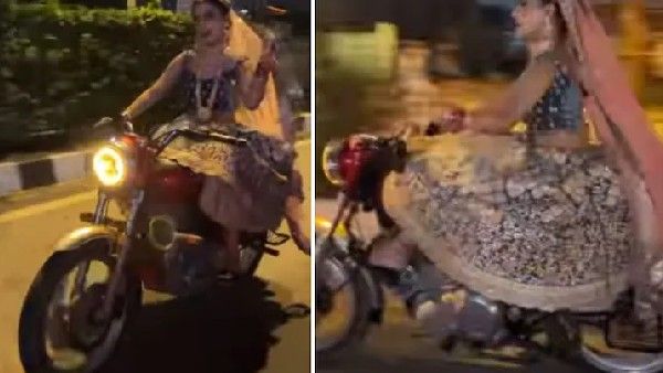 ವಿಡಿಯೋ: ಮದುವೆ ಉಡುಪು ಧರಿಸಿ ರಾಯಲ್ ಎನ್‌ಫೀಲ್ಡ್ ಓಡಿಸಿದ ವಧು