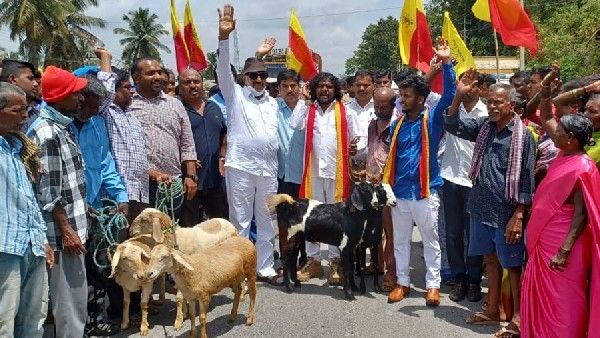 ಮೇಲು ಸೇತುವೆಗೆ ಒತ್ತಾಯಿಸಿ ಕುರಿ-ಮೇಕೆಗಳೊಂದಿಗೆ ಹೆದ್ದಾರಿ ತಡೆದು ಪ್ರತಿಭಟನೆ ವಾಟಾಳ್‌