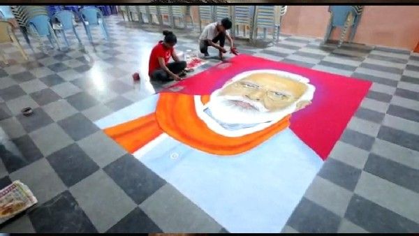 ಉಡುಪಿ; ರಂಗೋಲಿಯಲ್ಲಿ ಅರಳಿದ ನರೇಂದ್ರ ಮೋದಿ!
