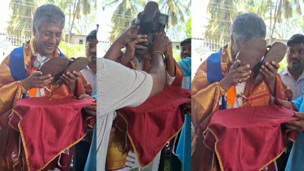 ಧಾರವಾಡದಲ್ಲಿ ಅಭಿಮಾನಿ ನೀಡಿದ ಪಾದರಕ್ಷೆಯನ್ನು ತಲೆ ಮೇಲಿಟ್ಟುಕೊಂಡು ಅಭಿಮಾನ ಮೆರೆದ ಅರವಿಂದ ಬೆಲ್ಲದ್‌