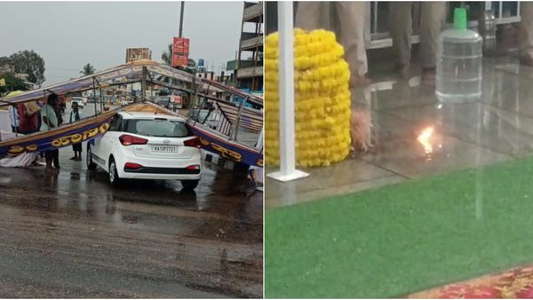 ಹಾಸನದಲ್ಲಿ ವರುಣನ ಆರ್ಭಟ: ಮಳೆಯಲ್ಲೇ ಹಾಸನಾಂಬೆ ದರ್ಶನ, ಮುರಿದು ಬಿದ್ದ ಜಾತ್ರೆಯ ಸ್ವಾಗತ ಕಮಾನು