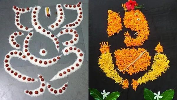 Ganesha Chaturthi Rangoli Designs: ಪರಿಸರ ಸ್ನೇಹಿ ಗಣಪತಿ ರಂಗೋಲಿ ಐಡಿಯಾಗಳು: ಅರಿಶಿನ, ಕುಂಕುಮ, ಹೂವು, ಎಲೆಯಿದ್ದರೆ ಸಾಕು