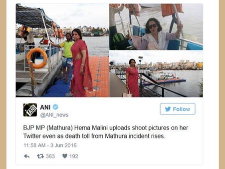 മഥുര കത്തുന്നു; പുതിയ സിനിമയെക്കുറിച്ച്‌ ട്വീറ്റ് ചെയ്യുന്ന തിരക്കില്‍ എംപി ഹേമമാലിനി