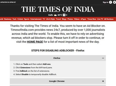 പരസ്യം ബ്ലോക്ക് ചെയ്തിട്ടുണ്ടോ എങ്കില്‍ ഇനി ടൈംസ് ഓഫ് ഇന്ത്യ വായിക്കേണ്ട!