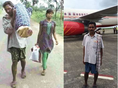 ഭാര്യയുടെ മൃതദേഹം ചുമന്ന് നടന്ന മാഞ്ചി വിമാനത്തില്‍ വന്നിറങ്ങിയപ്പോള്‍