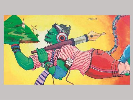 വാലില്‍ ട്രെയിന്‍,ഗദയ്ക്ക് പകരം പേന!ഇത് ന്യൂജെന്‍ ഹനുമാന്‍...ശിവസേനയുടെ ഭീഷണിയില്‍ ചിത്രം മായ്ച്ചു..