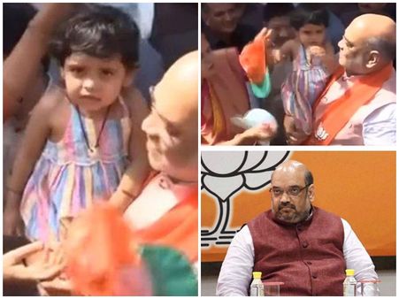 'ബിജെപി തൊപ്പി വേണ്ട'; ബിജെപി തൊപ്പി ധരിപ്പിക്കാനുള്ള അമിത് ഷായുടെ ശ്രമം എതിര്‍ത്ത് പേരക്കുട്ടി