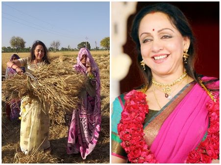 കൈയ്യിൽ കൊയ്ത്തരിവാളും ഗോതമ്പ് കറ്റയുമായി ഡ്രീം ഗേൾ; പ്രചാരണ ചിത്രങ്ങൾ പങ്കുവെച്ച് ഹേമാ മാലിനി