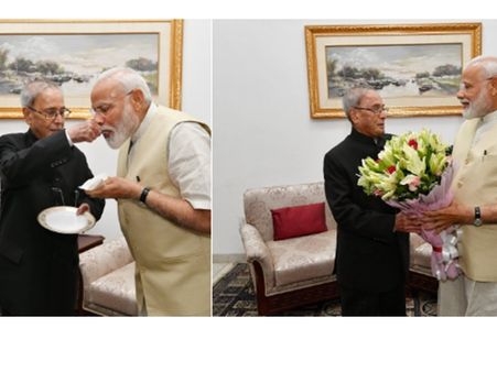 പ്രണബ് മുഖര്‍ജിയെ കാണാനെത്തി മോദി! മധുരം നല്‍കി സ്വീകരിച്ച് പ്രണബ്.. പിന്നാലെ പുകഴ്ത്തി ട്വീറ്റും