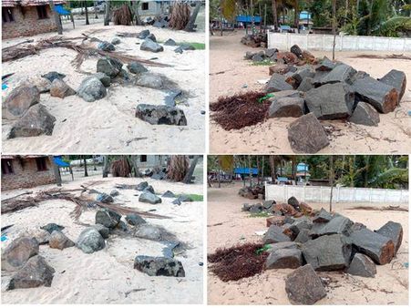 ഉദ്യോഗസ്ഥരുടെ അനാസ്ഥഃ കടല്‍ഭിത്തി കെട്ടാനെത്തിച്ച കല്ലുകള്‍ മണ്ണിനടിയില്‍: നഷ്ടം കോടികള്‍