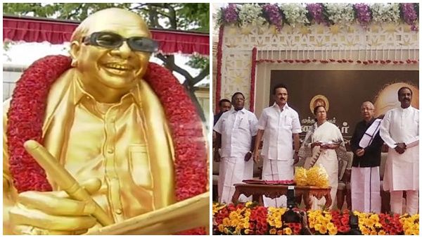 കരുണാനിധിയുടെ ഓർമകൾക്ക് ഒരു വയസ്; കലൈഞ്ജറുടെ പ്രതിമ മമതാ ബാനർജി അനാച്ഛാദനം ചെയ്തു