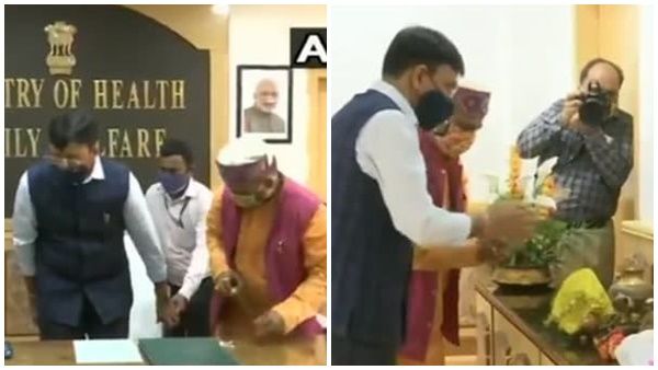 പൂജയും മന്ത്രച്ചരടുമായി ആരോഗ്യ മന്ത്രി; ഓഫീസിലെ കസേരയില്‍ ജപിച്ച് കെട്ടി, വീഡിയോ വൈറല്‍