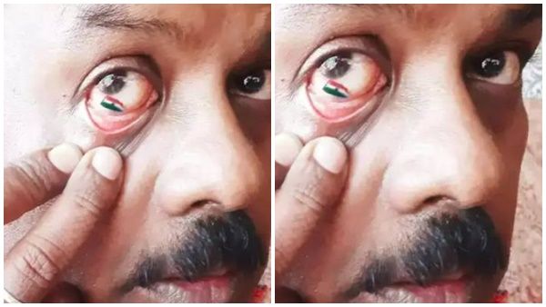 കണ്ണിനുള്ളില്‍ ഇന്ത്യന്‍ പതാക വരച്ച് ആര്‍ട്ടിസ്റ്റ്; ആരും അനുകരിക്കരുതെന്ന് മുന്നറിയിപ്പും