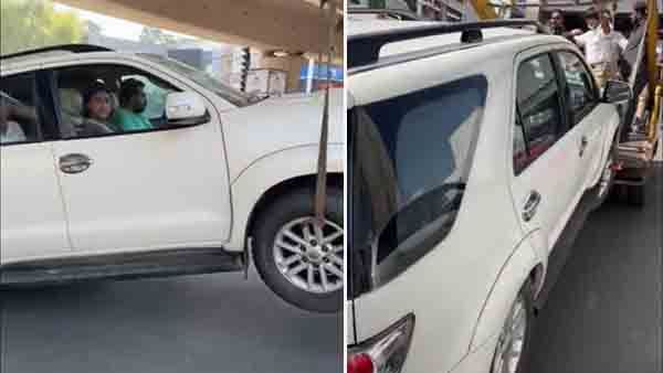 ആന്ധ്രാ മുഖ്യമന്ത്രിയുടെ സഹോദരി ഉള്ളിലിരിക്കെ കാര്‍ തൂക്കിയെടുത്ത് വലിച്ചിഴച്ച് തെലങ്കാന പൊലീസ്; സംഘര്‍ഷം