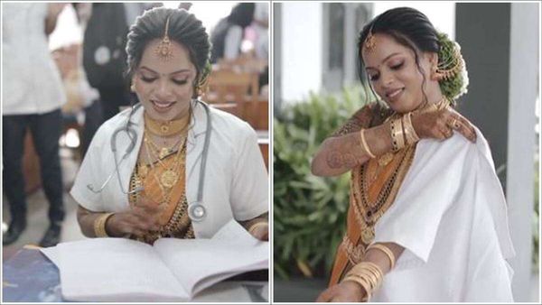 പരീക്ഷയും വിവാഹവും ഒരേ ദിവസം; കല്യാണ സാരിയും കോട്ടും ധരിച്ച് വധു ക്ലാസിലേക്ക്, വൈറല്‍