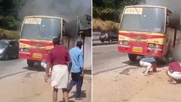 ഓടിക്കൊണ്ടിരുന്ന കെഎസ്ആര്‍ടിസി ബസിന് തീപിടിച്ചു; ഡ്രൈവറുടെ ഇടപെടലില്‍ ഒഴിവായത് വന്‍ ദുരന്തം