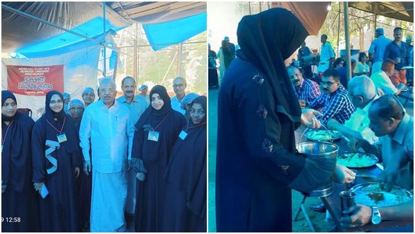 ക്ഷേത്ര തീര്‍ഥാടകര്‍ക്ക് ഭക്ഷണം വിളമ്പി പര്‍ദ്ദയിട്ട സഹോദരിമാര്‍; 'കേരള സ്‌റ്റോറി'യുമായി പി ജയരാജന്‍