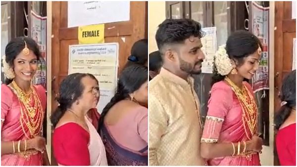 കല്യാണം ആണെന്ന് വെച്ച് വോട്ട് മുടക്കാൻ ആവില്ലല്ലോ!  ചെക്കനും പെണ്ണും നേരെ പോളിം​ഗ് ബൂത്തിലേക്ക്, വൈറൽ