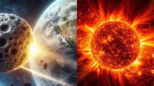 തീജ്വാലകള്‍ ചീറ്റി സൂര്യന്‍, പിന്നാലെ 171 അടിയുള്ള ഭീകരന്‍; ഭൂമിയെ തേടിയെത്തുന്നത് 2 അപകടങ്ങള്‍