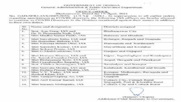 କୋଭିଡ୍ ମୁକାବିଲା ପାଇଁ 21 ଅଧିକାରୀଙ୍କୁ ଜିଲ୍ଲା ସ୍ତରରେ ଦାୟିତ୍ୱ