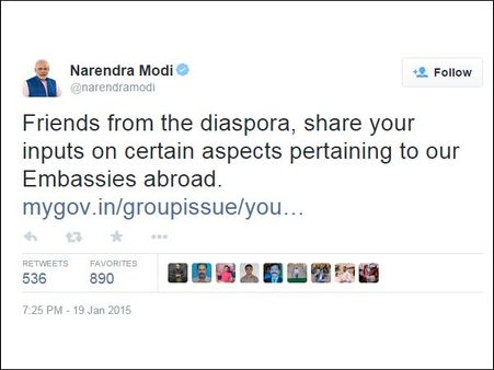 இந்தியத் தூதரகங்கள் குறித்து வெளிநாடு வாழ் இந்தியர்களிடம் கருத்து கேட்கிறார் மோடி