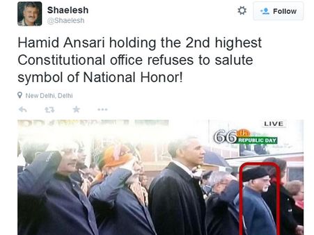 தேசிய கொடிக்கு 'சல்யூட்' அடிக்காத துணை குடியரசு தலைவர் அன்சாரி...வறுத்தெடுக்கும் வலைவாசிகள்!