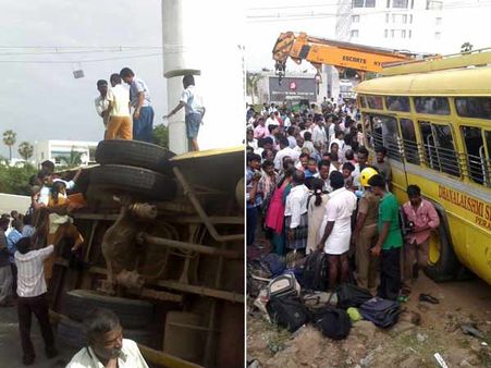 பெரம்பலூரில் பள்ளி பேருந்து கவிழ்ந்து விபத்து: 60 மாணவர்கள் காயம்– டிரைவர் கைது