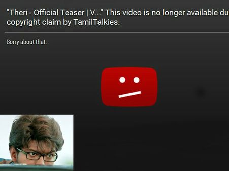 காப்பி ரைட் பிரச்சினை... விஜய்யின் தெறி டீசரை நீக்கி அதிர்ச்சி தந்த யுட்யூப்!