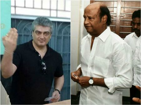 வாக்குப்பதிவு துவங்கியதும் முதல் ஆளாக வாக்களித்த அஜீத், ரஜினி, ஷாலினி