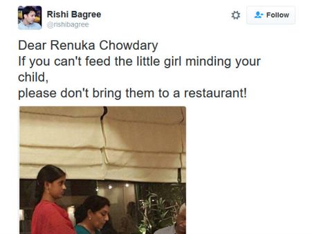 வேலைக்கார சிறுமியை பார்க்க வைத்து சாப்பிட்ட ரேணுகா சவுத்ரி: ட்விட்டரில் மக்கள் கொந்தளிப்பு