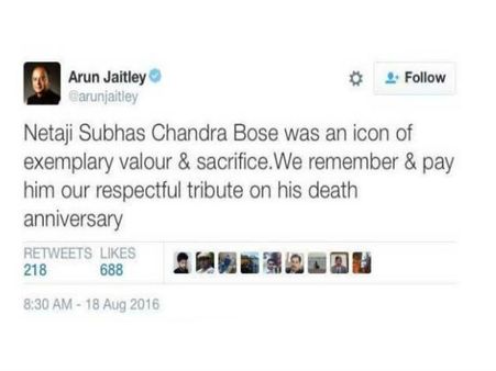 நேதாஜி குறித்த அருண்ஜேட்லி ட்விட்டர் பதிவால் பெரும் கொந்தளிப்பு- மமதா பானர்ஜி அதிர்ச்சி!!