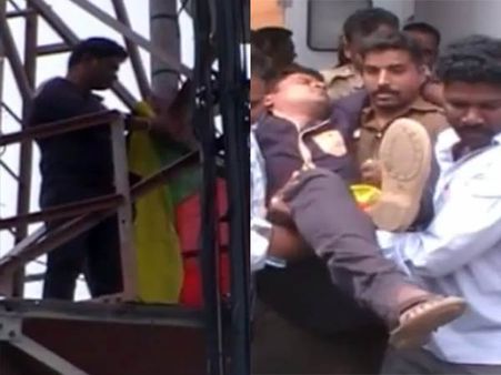 காவிரி விவகாரம்: செல்போன் கோபுரத்தில் ஏறி வாலிபர் தற்கொலை மிரட்டல்- வீடியோ