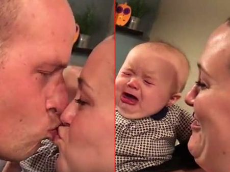 மம்மிக்கு டாடி முத்தம் கொடுத்துட்டாரே... உதடு பிதுக்கி அழும் 