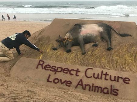 கலாச்சாரத்தை மதிக்க வேண்டும்.. ஜல்லிக்கட்டுக்காக காளையின் மணல் சிற்பம் தீட்டிய சுதர்சன் பட்நாயக்