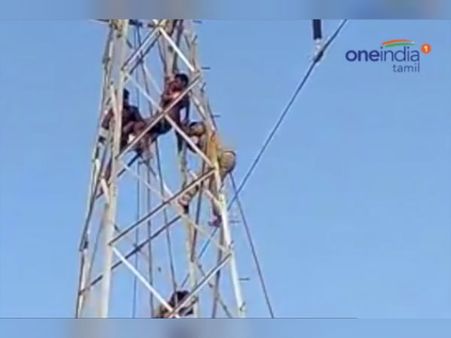 மனநலம் பாதித்தவர் மின்கோபுரத்தில் இருந்து குதிக்க முயற்சி - தீயணைப்புத்துறை அதிரடி மீட்பு: வீடியோ