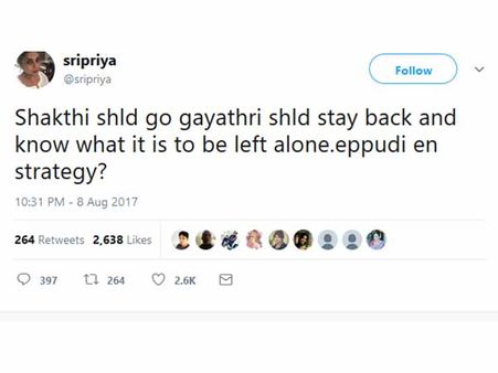 சக்தி கிளம்பனும்.. காயத்ரி தனியா கிடந்து தவிக்கனும்.. பிக்பாஸ் குறித்து டிவிட்டிய நடிகை!