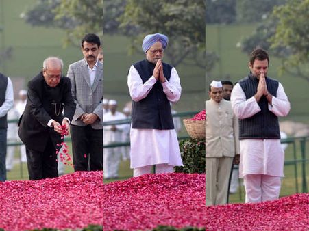 இந்திரா காந்தி 100வது பிறந்தநாள்:டெல்லி நினைவிடத்தில் பிரணாப், மன்மோகன்சிங், ராகுல் மலர்தூவி அஞ்சலி