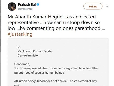 அரசியலுக்கு வருகிறாரா பிரகாஷ்ராஜ்? - மத்திய அமைச்சர் ஹெக்டேவுடன் காரசார மல்லுக்கட்டு!