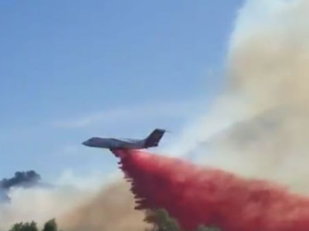 காட்டுத் தீக்குள் விமானத்தை ஓட்டிய தில் விமானி.. கடைசி நேரத்தில் மேலே பறந்து தீயை அணைத்தார் - வீடியோ