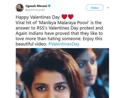 காதலர் தினத்தை எதிர்க்கும் ஆர்எஸ்எஸ்... பிரியா வாரியரின் வைரல் வீடியோவை பதிலாக சொன்ன ஜிக்னேஷ்!