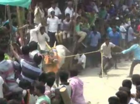 பர்கூர்: எருதுவிடும் போட்டியில் சீறிப்பாய்ந்த காளைகள் -கூட்டத்தை கட்டுப்படுத்த போலீசார் தடியடி